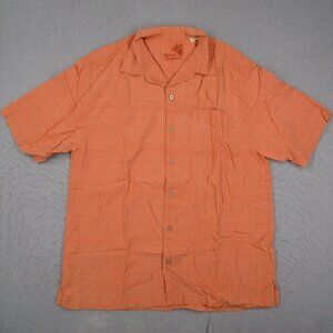 Tommy Bahama Shirt Mens Medium Orange Silk Hawaiian Button Up Short Sleeve Tiki